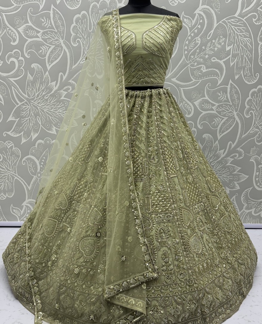 2877-green - Sober Handwork Pastel green Motif and Crystal Pipe work Designed Reception Wear Collection in Lehenga Choli